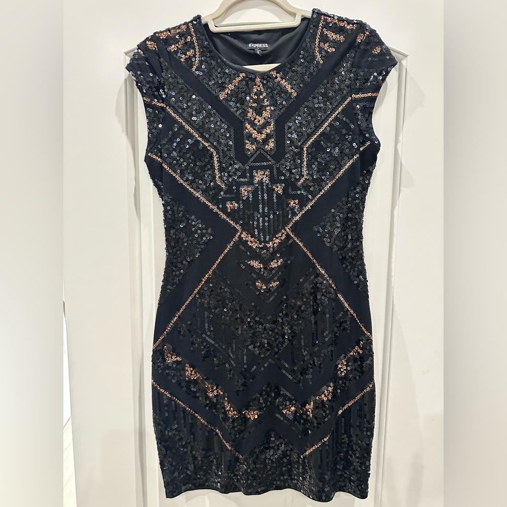 Express Black and Bronze Sequin Mini Dress